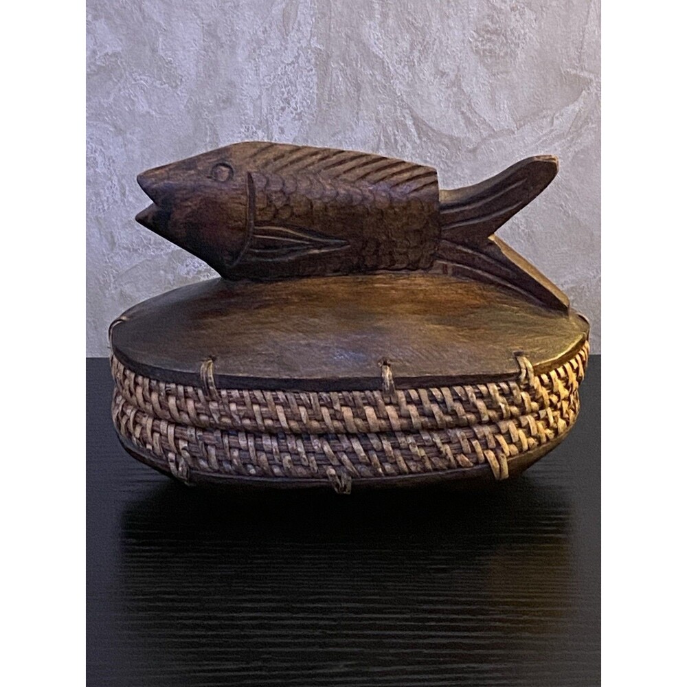Vintage Wooden Indonesian Lombok Basket Fish Trinket box handcrafted rattan base